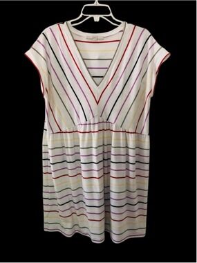 Size L LOFT White Multicolor Striped V-Neck Swing Dress Gathered Empire Waist Su